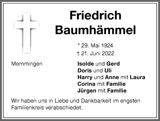 Traueranzeige von Friedrich Baumhämmel von Memminger Zeitung