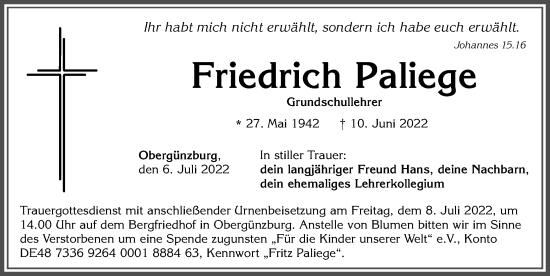 Traueranzeige von Friedrich Paliege von Allgäuer Zeitung, Marktoberdorf