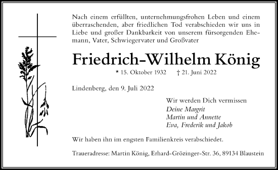 Traueranzeige von Friedrich-Wilhelm König von Der Westallgäuer
