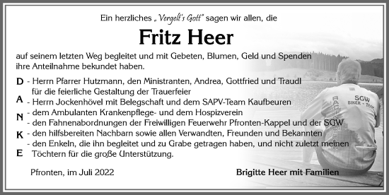 Traueranzeige von Fritz Heer von Allgäuer Zeitung, Füssen