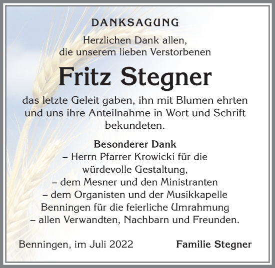 Traueranzeige von Fritz Stegner von Memminger Zeitung
