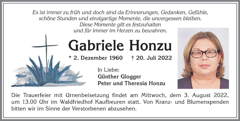  Traueranzeige für Gabriele Honzu vom 30.07.2022 aus Allgäuer Zeitung, Kaufbeuren/Buchloe