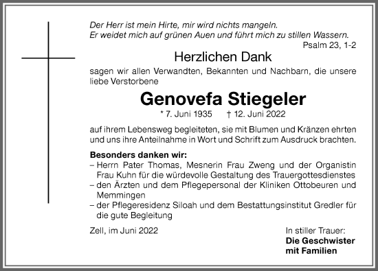 Traueranzeige von Genovefa Stiegeler von Memminger Zeitung