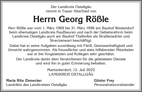 Traueranzeige von Georg Rößle von Allgäuer Zeitung, Marktoberdorf