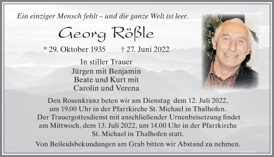 Traueranzeige von Georg Rößle von Allgäuer Zeitung, Marktoberdorf