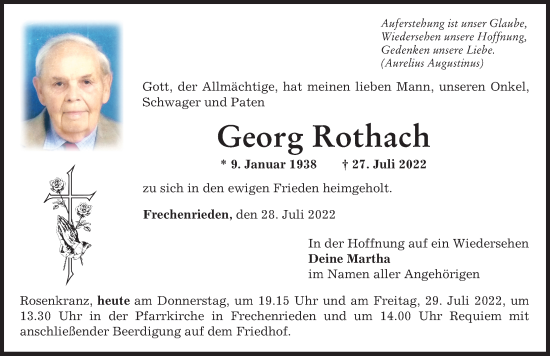 Traueranzeige von Georg Rothach von Memminger Zeitung