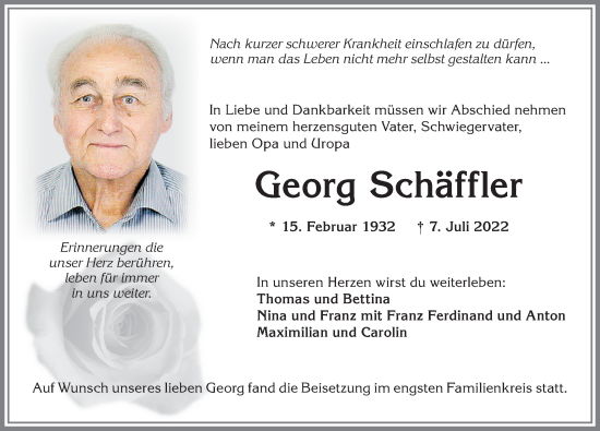 Traueranzeige von Georg Schäffler von Allgäuer Zeitung, Kaufbeuren/Buchloe