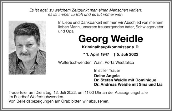 Traueranzeige von Georg Weidle von Memminger Zeitung