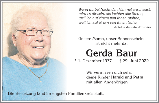 Traueranzeige von Gerda Baur von Allgäuer Anzeigeblatt