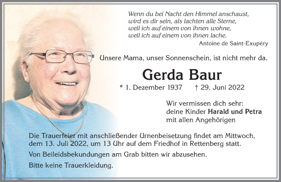 Traueranzeige von Gerda Baur von Allgäuer Zeitung,Kempten