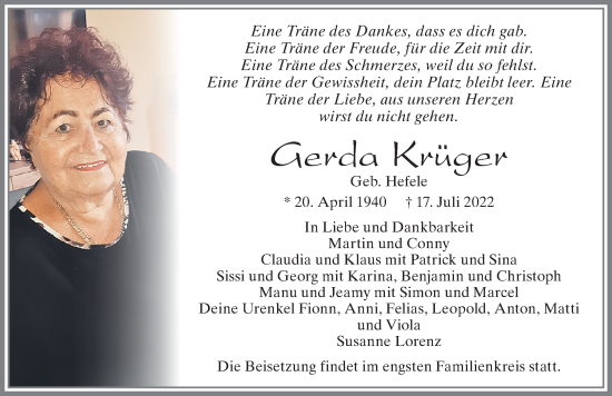 Traueranzeige von Gerda Krüger von Allgäuer Zeitung, Füssen