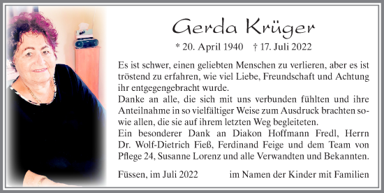Traueranzeige von Gerda Krüger von Allgäuer Zeitung, Füssen