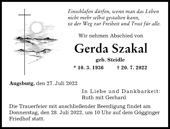 Traueranzeige von Gerda Szakal von Allgäuer Zeitung, Füssen