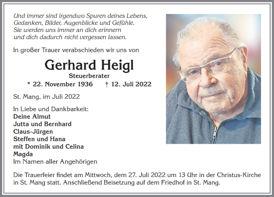 Traueranzeige von Gerhard Heigl von Allgäuer Zeitung,Kempten