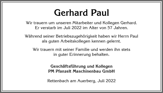Traueranzeige von Gerhard Paul von Allgäuer Zeitung, Marktoberdorf