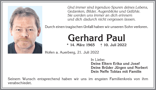Traueranzeige von Gerhard Paul von Allgäuer Zeitung, Marktoberdorf