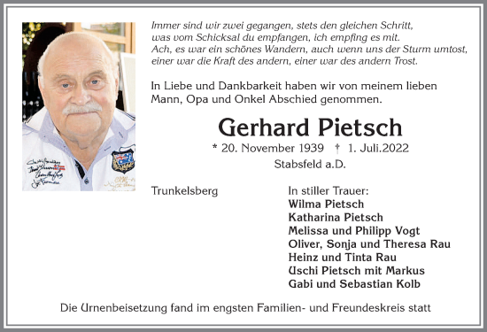 Traueranzeige von Gerhard Pietsch von Memminger Zeitung