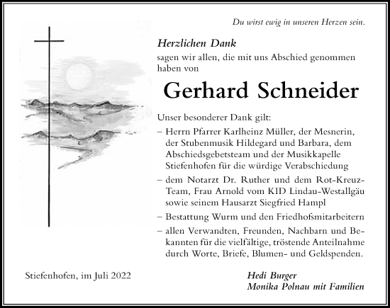 Traueranzeige von Gerhard Schneider von Der Westallgäuer