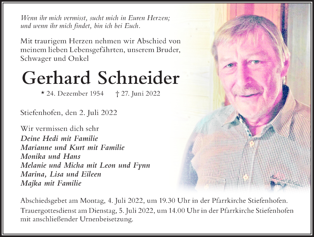 Traueranzeige für Gerhard Schneider vom 02.07.2022 aus Der Westallgäuer