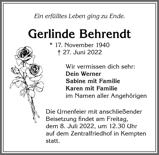 Traueranzeige von Gerlinde Behrendt von Allgäuer Zeitung,Kempten