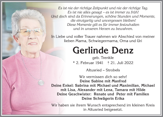 Traueranzeige von Gerlinde Denz von Allgäuer Zeitung,Kempten