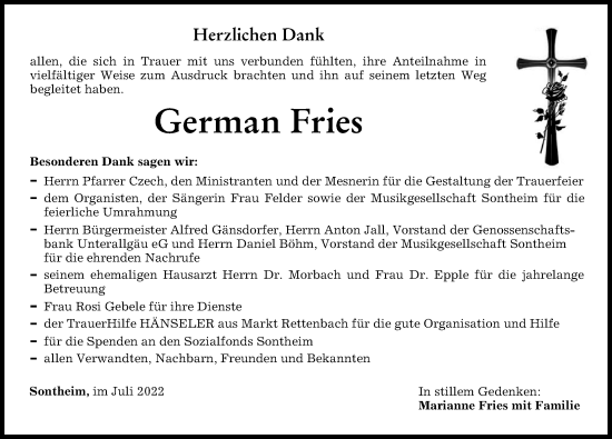 Traueranzeige von German Fries von Memminger Zeitung