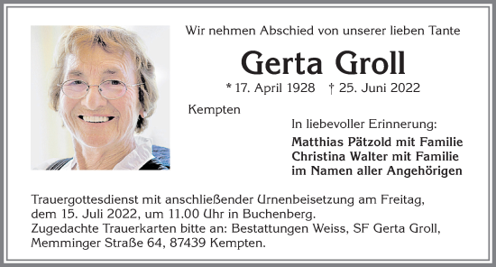 Traueranzeige von Gerta Groll von Allgäuer Zeitung,Kempten