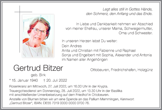 Traueranzeige von Gertrud Bitzer von Memminger Zeitung