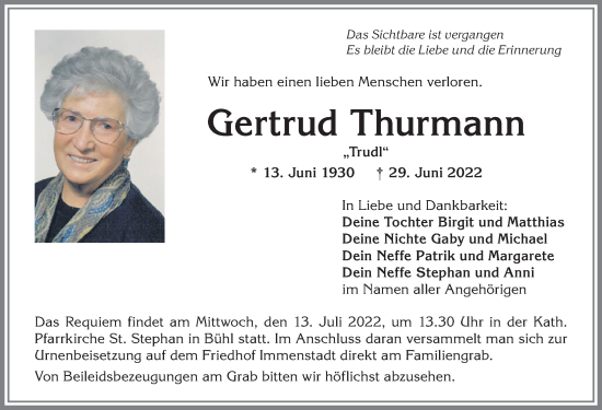 Traueranzeige von Gertrud Thurmann von Allgäuer Anzeigeblatt