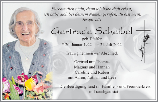 Traueranzeige von Gertrude Scheibel von Allgäuer Zeitung, Füssen