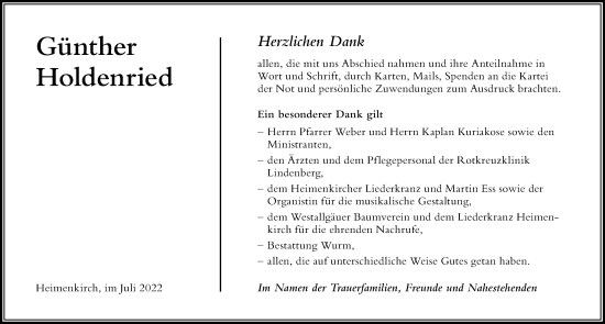 Traueranzeige von Günther Holdenried von Der Westallgäuer