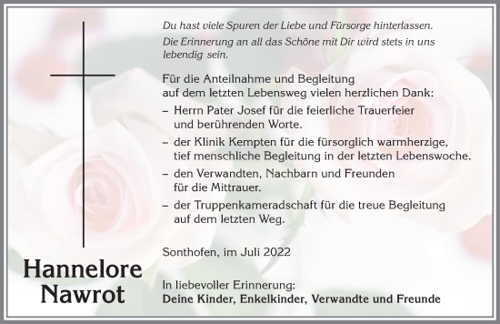 Traueranzeige von Hannelore Nawrot von Allgäuer Anzeigeblatt