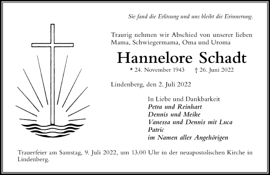 Traueranzeige von Hannelore Schadt von Der Westallgäuer