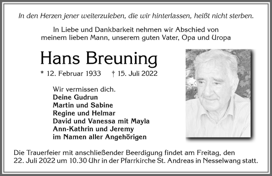 Traueranzeige von Hans Breuning von Allgäuer Zeitung, Füssen