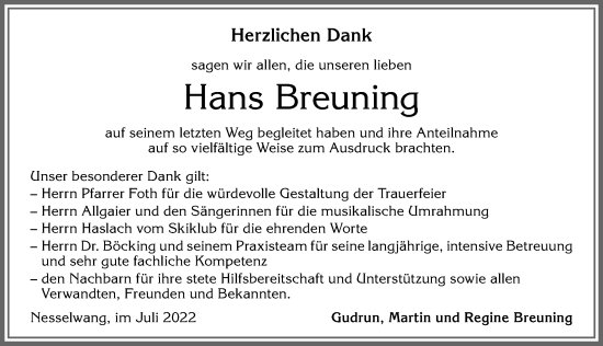 Traueranzeige von Hans Breuning von Allgäuer Zeitung, Füssen