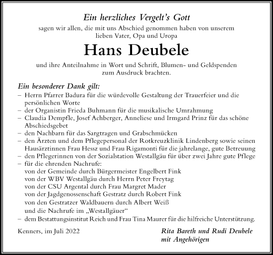 Traueranzeige von Hans Deubele von Der Westallgäuer