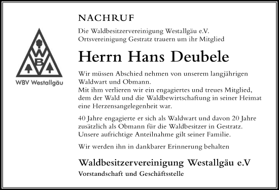Traueranzeige von Hans Deubele von Der Westallgäuer