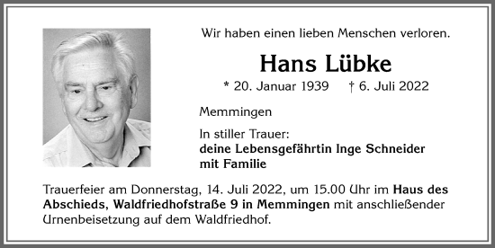 Traueranzeige von Hans Lübke von Memminger Zeitung