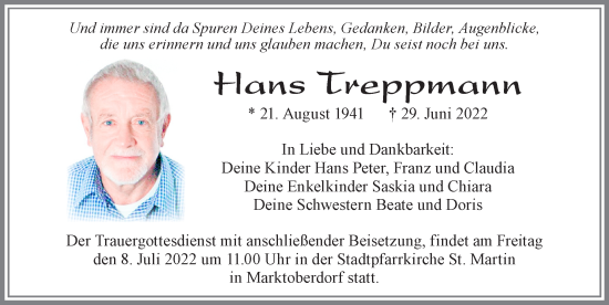 Traueranzeige von Hans Treppmann von Allgäuer Zeitung, Marktoberdorf