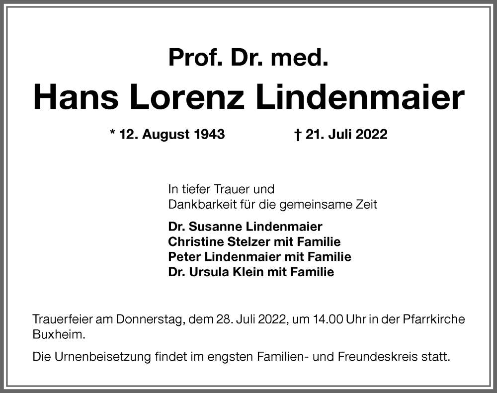  Traueranzeige für Hans Lorenz Lindenmaier vom 23.07.2022 aus Memminger Zeitung