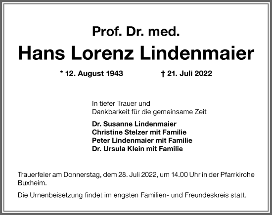 Traueranzeige von Hans Lorenz Lindenmaier von Memminger Zeitung