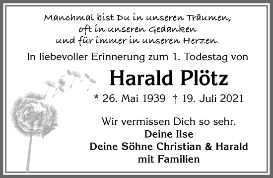 Traueranzeige von Harald Plötz von Allgäuer Zeitung, Kaufbeuren/Buchloe