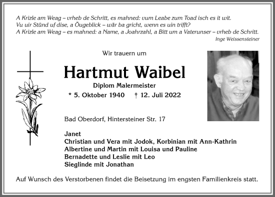 Traueranzeige von Hartmut Waibel von Allgäuer Anzeigeblatt