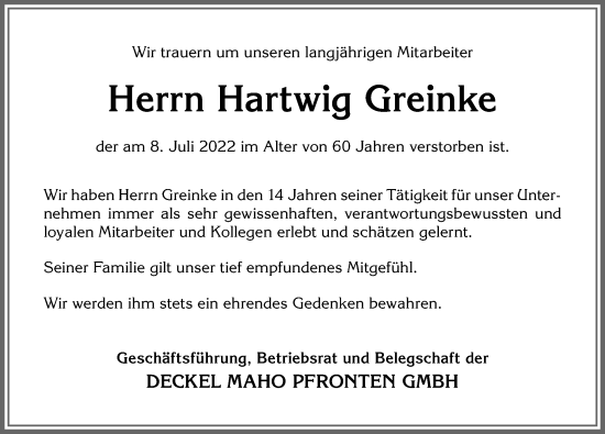 Traueranzeige von Hartwig Greinke von Allgäuer Zeitung, Füssen