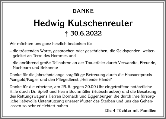 Traueranzeige von Hedwig Kutschenreuter von Allgäuer Zeitung,Kempten