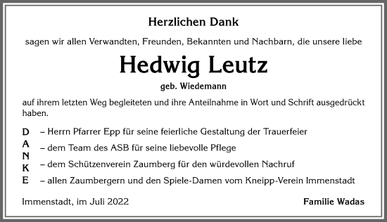 Traueranzeige von Hedwig Leutz von Allgäuer Anzeigeblatt