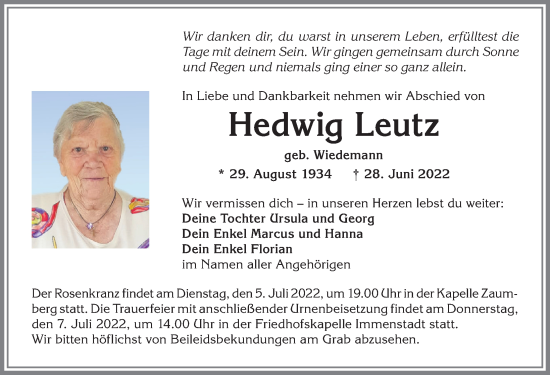 Traueranzeige von Hedwig Leutz von Allgäuer Anzeigeblatt