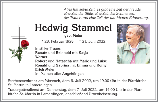 Traueranzeige von Hedwig Stammel von Allgäuer Zeitung, Kaufbeuren/Buchloe