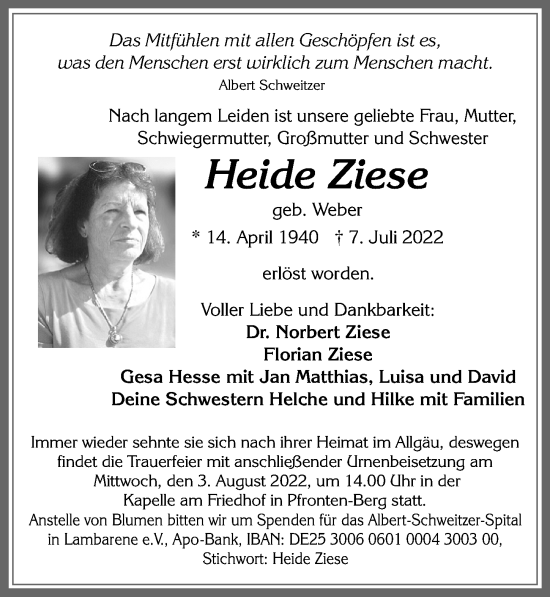 Traueranzeige von Heide Ziese von Allgäuer Zeitung, Füssen
