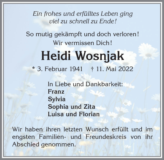 Traueranzeige von Heidi Wosnjak von Allgäuer Zeitung,Kempten